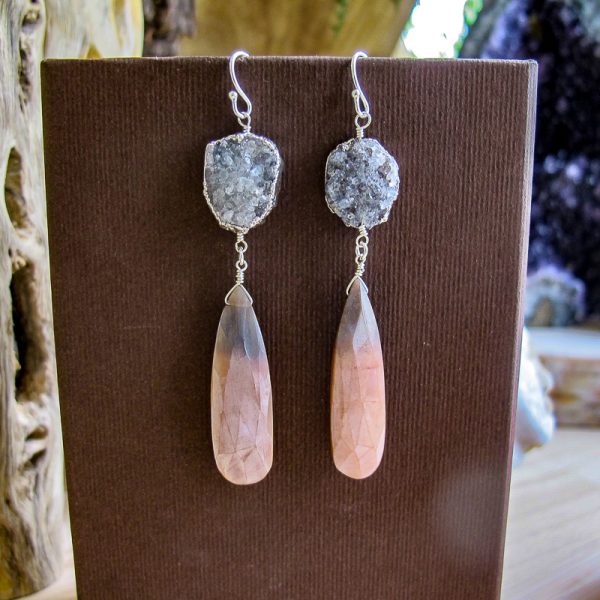 Peach & Grey Moonstone and Druzy Earrings