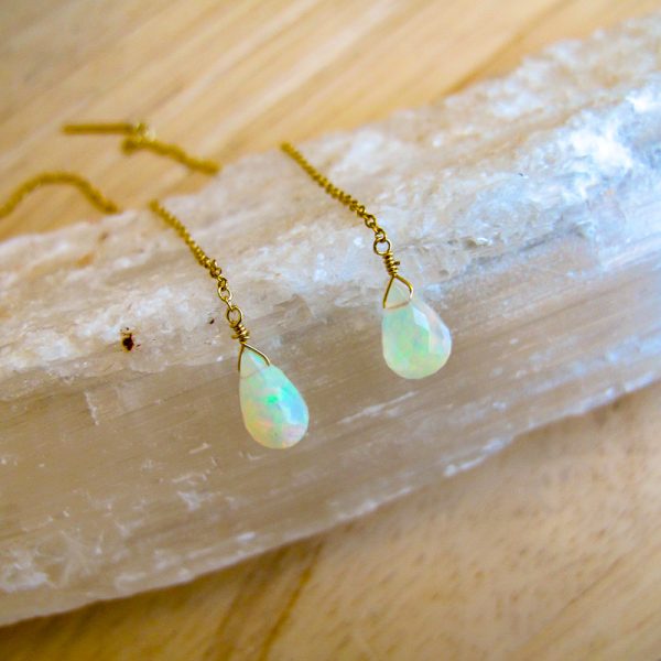 Ethiopian Opal Faceted Teardrop Threader Earrings - Image 2