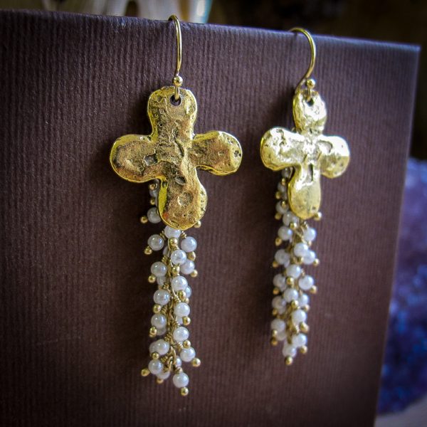 Bronze Cross & Seed Pearl Earrings  - Image 2