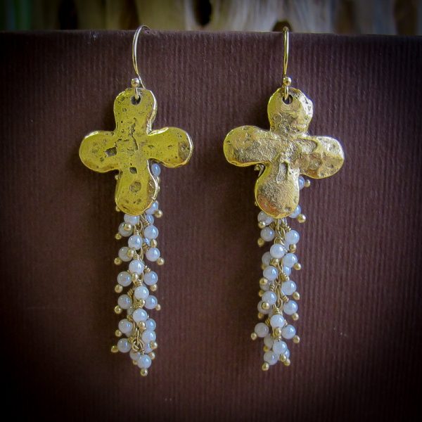 Bronze Cross & Seed Pearl Earrings 