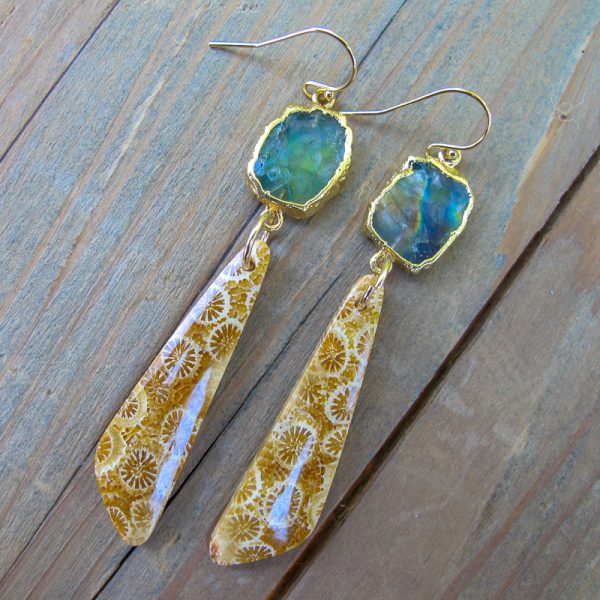 Labradorite & Fossilized Coral Earrings