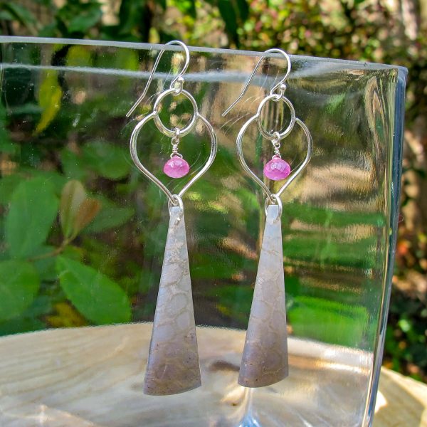 Sapphire & Fossilized Coral Earrings - Image 3