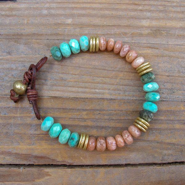 Chrysoprase & Sunstone Leather Gemstone Bracelet