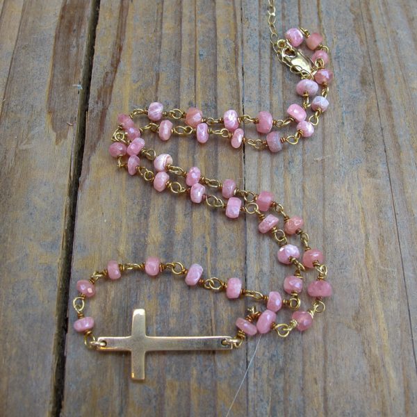 Sideways Cross Necklace on Rhodochrosite