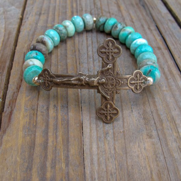 Crucifix on Chrysoprase Gemstone Bracelet