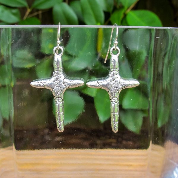 Crinkle Cross in Gold or Silver Pewter Earrings