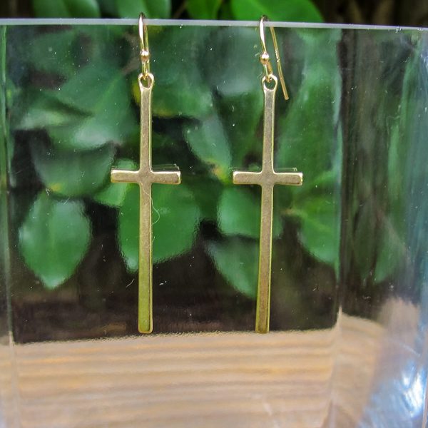 Gold Pewter Skinny Cross Earrings - Image 2