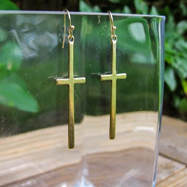 Gold Pewter Skinny Cross Earrings