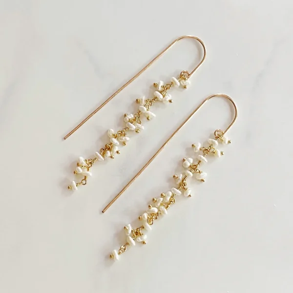 Pearl Cluster Threader Drop Earrings 14k Gold Filled