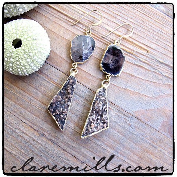 Black Obsidian Slice & Druzy Earrings