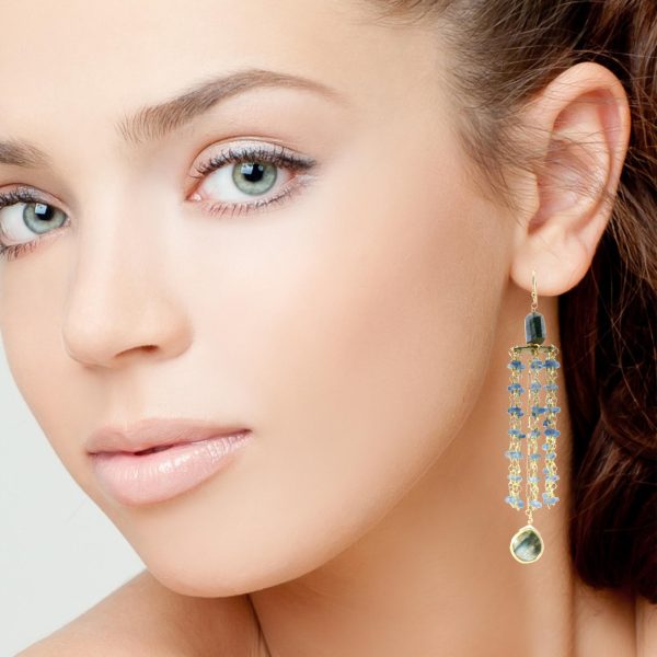 “Northern Lights Cascade” Labradorite & Kyanite Chandelier Earrings - Image 2
