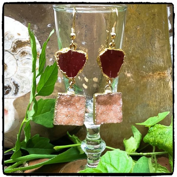 Garnet Slice Square Druzy Earrings
