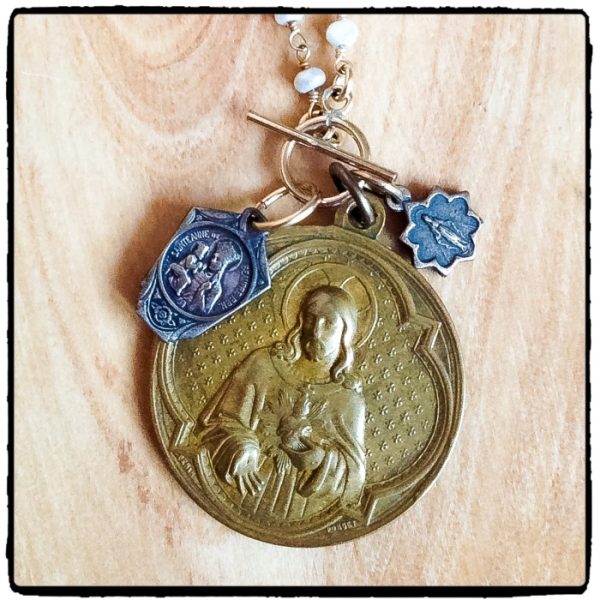 Sacred Heart and Mary Antique Medals Necklace