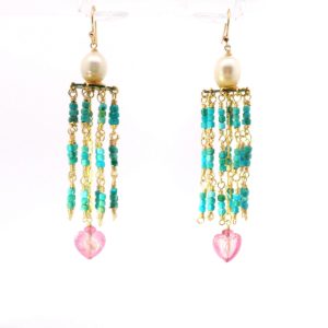 “Island Heart” Pearl, Turquoise & Pink Tourmaline Cascade Earrings