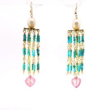 “Island Heart” Pearl, Turquoise & Pink Tourmaline Cascade Earrings