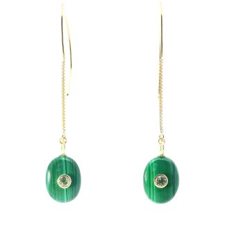 “Verdant Eclipse” Malachite & White Topaz Threader Earrings