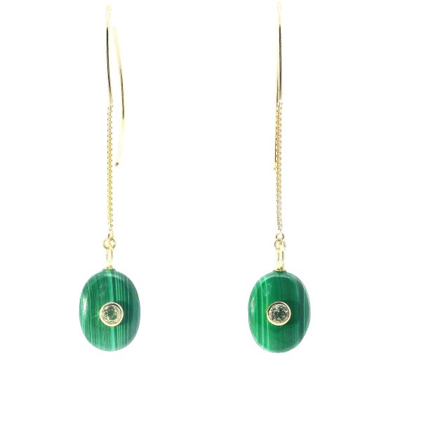“Verdant Eclipse” Malachite & White Topaz Threader Earrings
