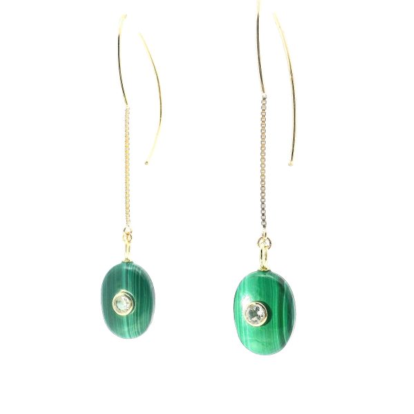 “Verdant Eclipse” Malachite & White Topaz Threader Earrings - Image 3