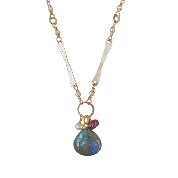 “Aurora Duet” Labradorite-Garnet & Pearl Link Necklace