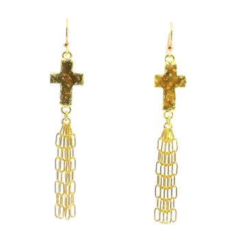 “Golden Grace” Druzy Cross Tassel Earrings