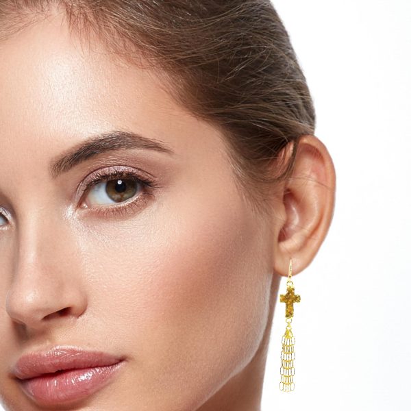 “Golden Grace” Druzy Cross Tassel Earrings - Image 2