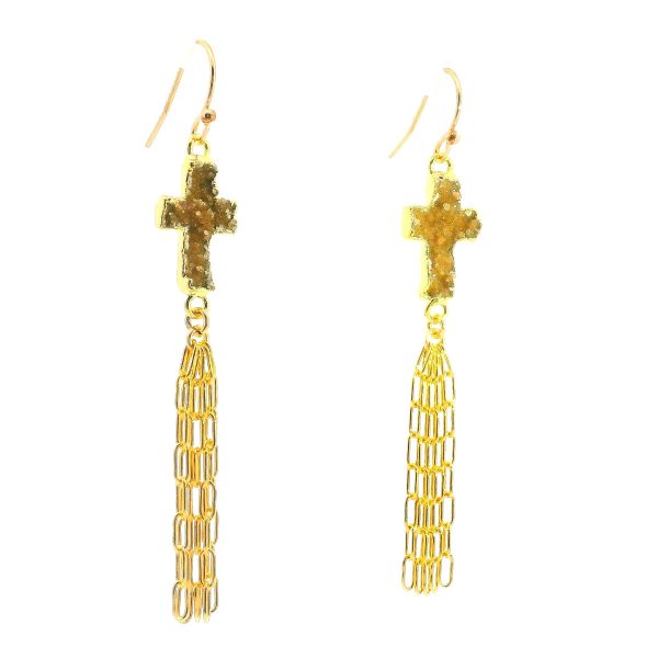 “Golden Grace” Druzy Cross Tassel Earrings - Image 3