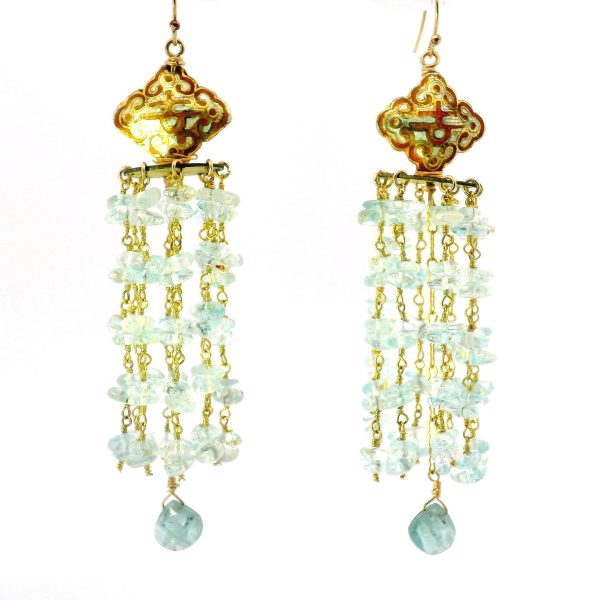 “Sky-Lantern Cascade” Cloisonné, Blue Quartz & Kyanite Earrings
