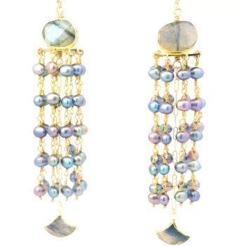 “Moon-Tide Cascade” Labradorite & Peacock-Pearl Chandelier Earrings