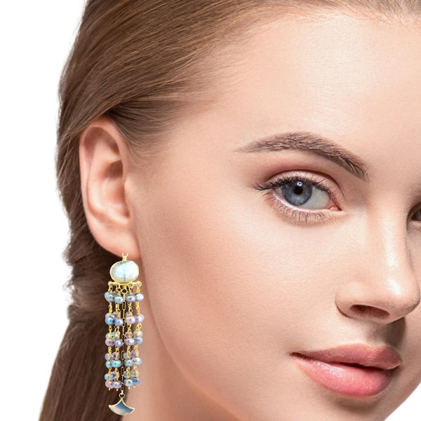 “Moon-Tide Cascade” Labradorite & Peacock-Pearl Chandelier Earrings - Image 4