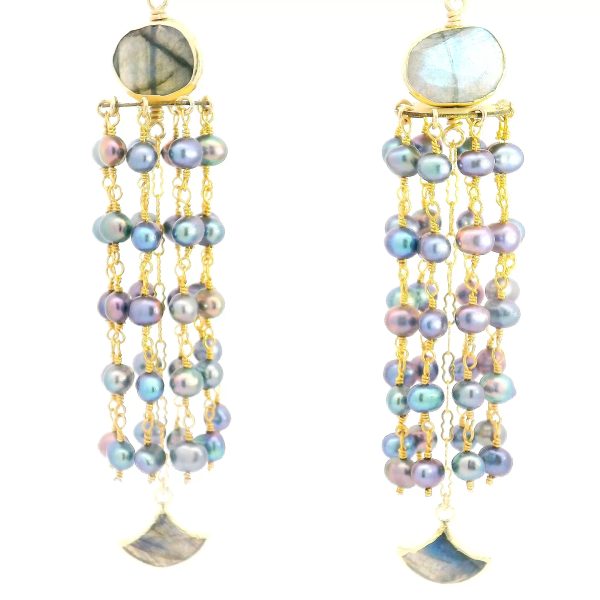 “Moon-Tide Cascade” Labradorite & Peacock-Pearl Chandelier Earrings - Image 2