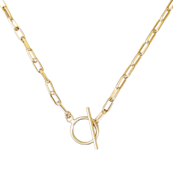 The Gold Filled Paperclip Chain is a gold chain necklace with elongated links and a central toggle clasp made of a circular ring and straight bar.