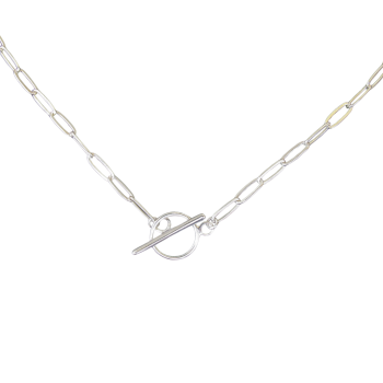 The Sterling Silver Paperclip Chain features elongated oval links and a circular toggle clasp at the center, showcased on a white background.