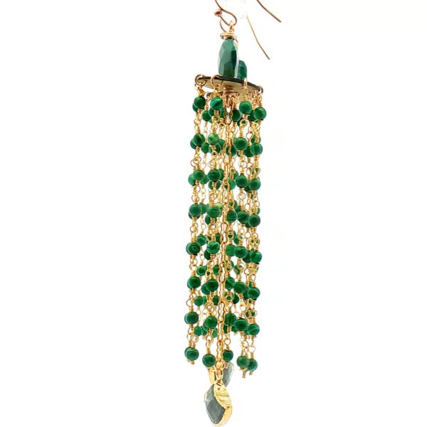 “Forest-Glow Cascade” Malachite & Emerald Chandelier Earrings - Image 3