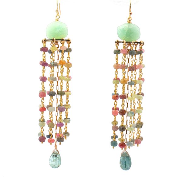 “Rainbow-Current Cascade” Aquamarine, Sapphire & Kyanite Earrings