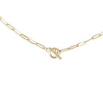 The Gold Plated Stainless Steel Large Paperclip Chain features elongated oval links and a front toggle clasp, displayed against a white background.