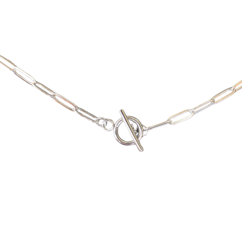 A close-up of the Stainless Steel Large Paperclip Chain, a necklace with elongated silver and gold links and a central toggle clasp.