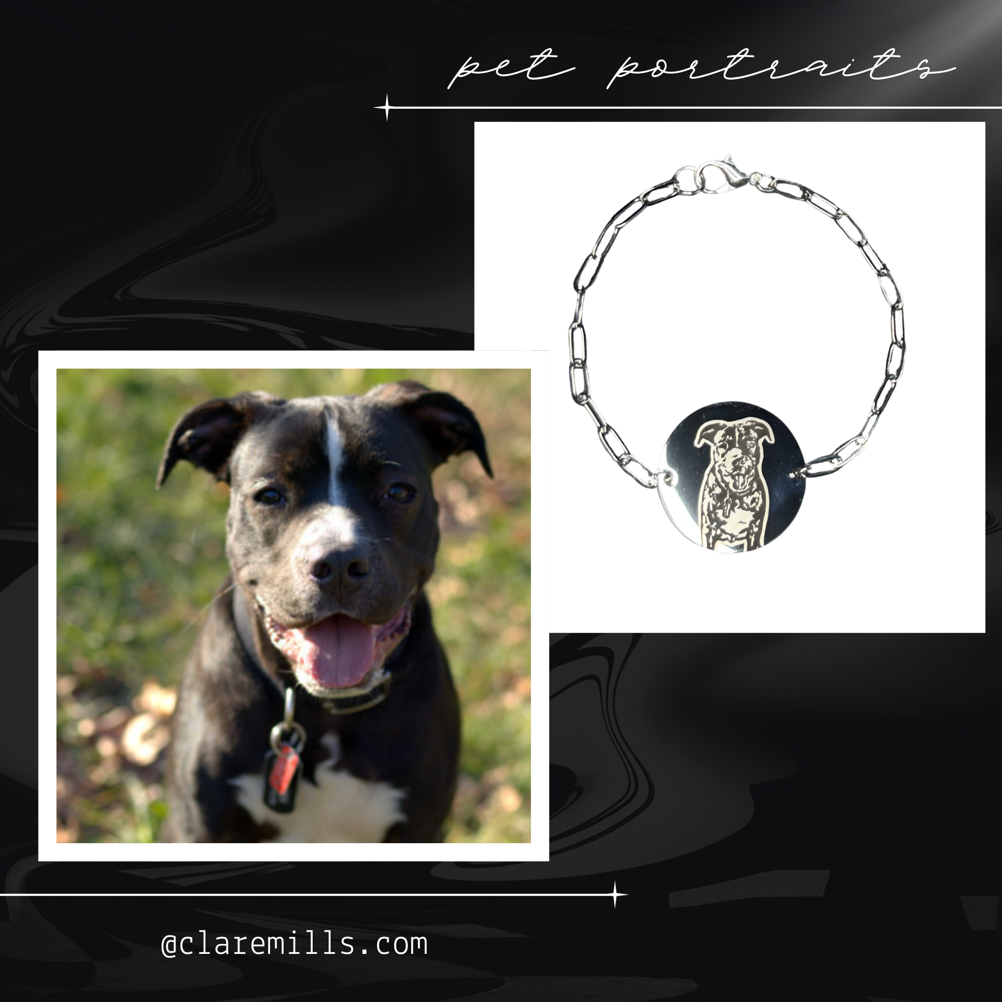 A happy black and white dog sits outside beside the “Forever Friend” Custom Pet Portrait Bracelet, which features its engraved portrait. The text promotes custom engraved jewelry and includes @claremills.com.